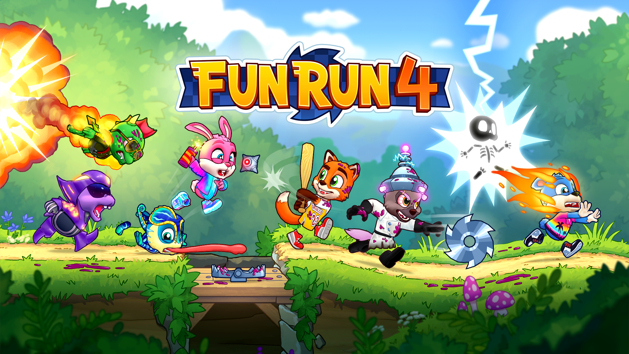 Fun Run 4 key art showing six animal characters racing and fighting with powerups including sawblades, bear traps, and lightning in a chaotic multiplayer PvP race — free mobile action racing game by Dirtybit for iOS and Android.