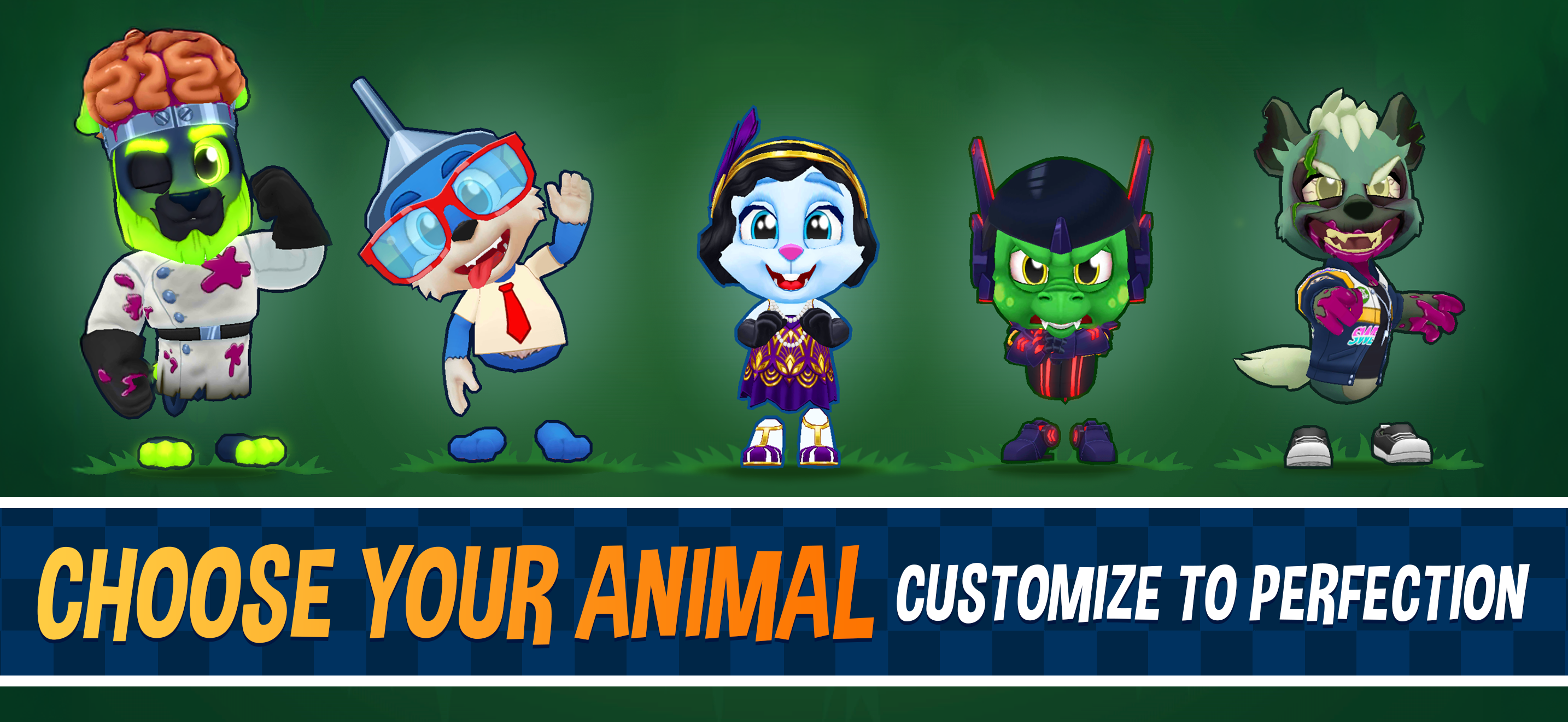 Fun Run 4 animal characters with unique cosmetic outfits and skins — choose your animal and customize to show off your style