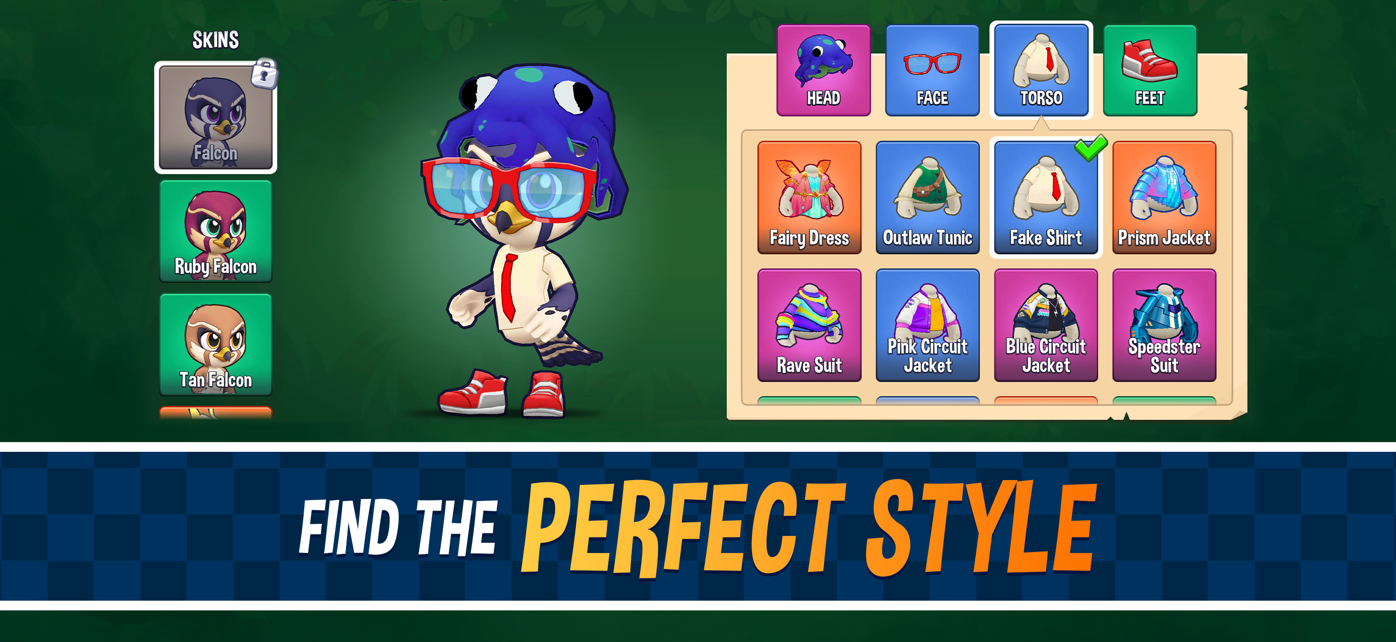 Fun Run 4 character customization screen showing Falcon animal with skins, hats, glasses, and outfit options — cosmetic-only items that don't affect gameplay